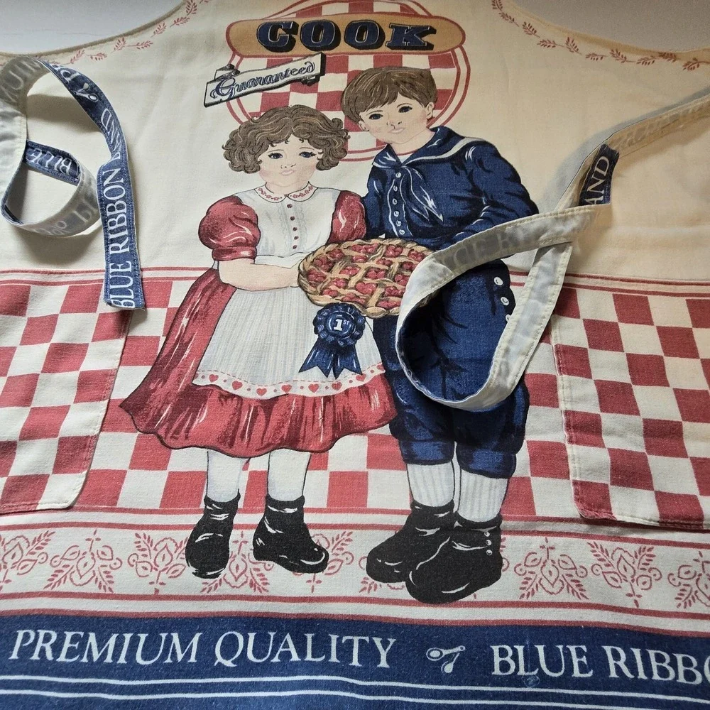Vintage Muslin Apron Grand Prize Cook Pure-Premium‎ Quality-Blue Ribbon Cotton